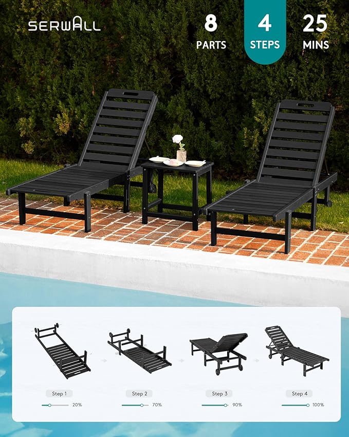 SERWALL Outdoor Chaise Lounge Set of 6, HDPE Pool Lounge Chair with 5-Position Adjustable Backrest, Patio Lounger with Rolling Wheels & Cup Holder for Pool, Black SERWALL