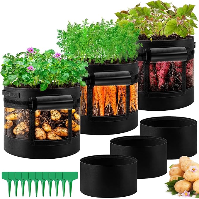 3 Pack 20 Gallon 360° Visibility Potato Grow Bags with Shading Flap, Plant Grow Bags for Growing Potatoes Heavy Duty Thickened Nonwoven Fabric Gardening Vegetable Growing Bags with Harvest Window WelcometoUJG%EF%BC%81