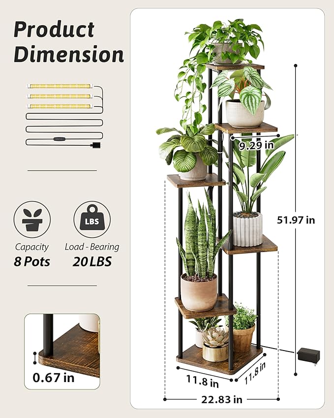 Corner Plant Stand Indoor 6 tiered plant shelf for Multiple Plants tall plant holder plant table metal shelving for Living Room Bedroom Balcony Patio Brown Oak with Light Gentingbro