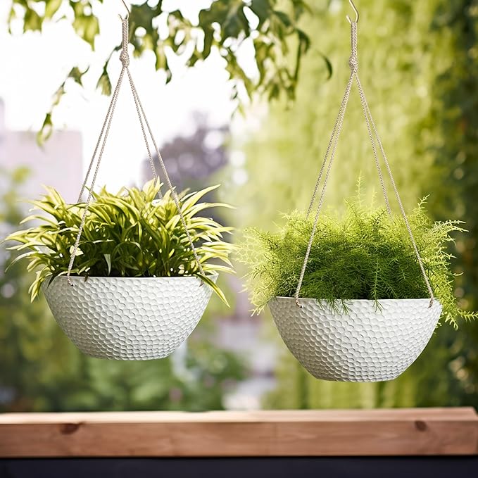 LA JOLIE MUSE Hanging Planters for Outdoor Plants, Large Hanging Planter with Drain Holes, Outdoor Hanging Flower Pots, White Stone, Honeycomb (13.2 Inch, Set of 2) LaJol%C3%ADeMuse