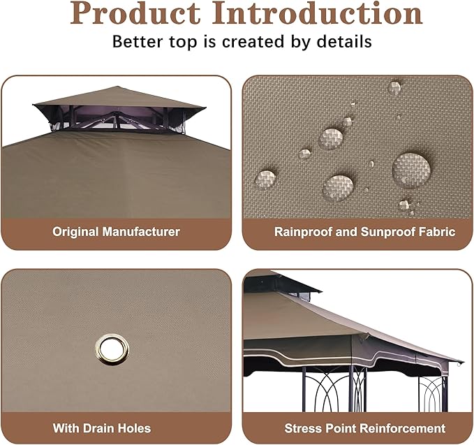 SCOCANOPY Replacement Gazebo Canopy for 10 x 12 Regency II Patio Gazebo Model L-GZ798PST,L-GZ798PST-E,A111014400,A101004104,A101004105 (Khaki) SCOCANOPY