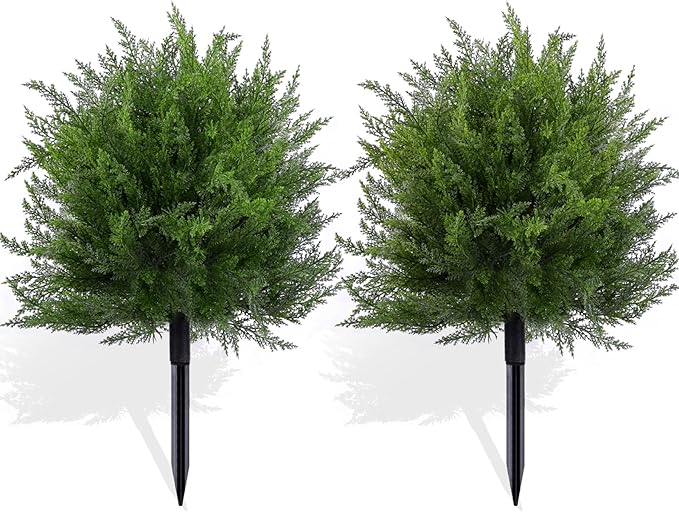 Artificial Topiary Bushes for Outdoors with Spike, Boxwood Ball Fake Shrubs UV Resistant Faux Plants for Indoor Outdoor Fall Thanksgiving Halloween Decor (Cedar Topiary Ball Trees) FAJUNZH