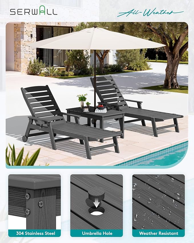 SERWALL Outdoor Coffee Table with 1.69" Umbrella Hole, HDPE Patio Coffee Table for Outside, Rectangle, Gray SERWALL