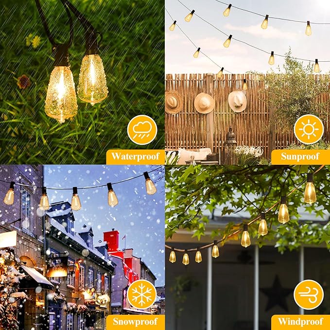 Brightever LED Outdoor String Lights 100FT Patio Lights with 52 Shatterproof 2200K ST38 Vintage Edison Bulbs, Amber Outside Hanging Light Waterproof for Porch, Deck, Garden, Dimmable Amber Lights Brightever