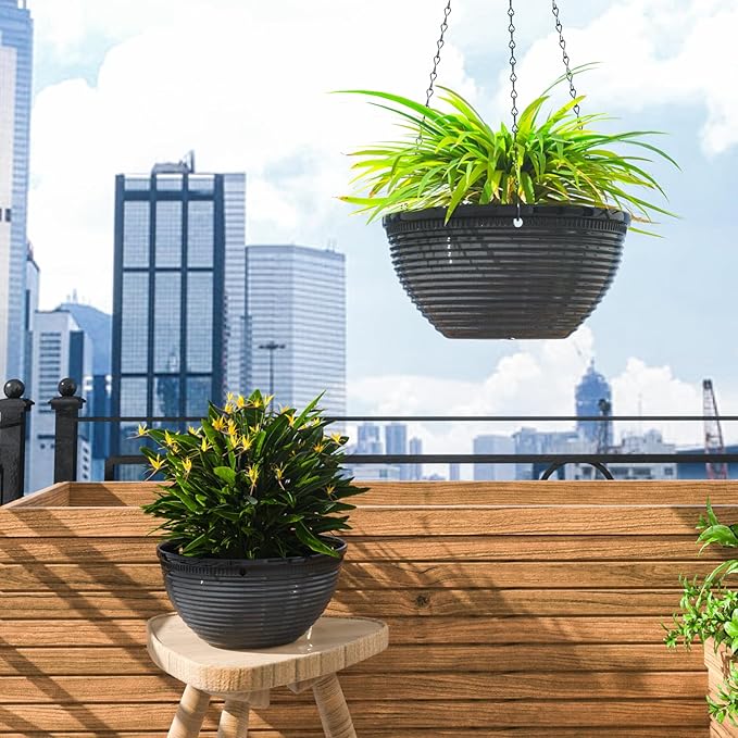2 Pack Hanging Planters for Indoor Outdoor Plants, 10 Inch Hanging Planter with Drainage Hole & Plug Glazed Hanging Baskets Flower Pots for Garden Home (Black) Vanslogreen