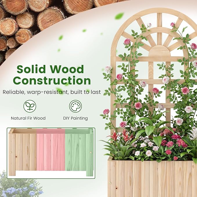 Giantex Wooden Raised Garden Bed with Arched Trellis Set 2, 48” Fir Wood Outdoor Elevated Planter Box Privacy Screen w/Drainage Hole, Vertical Garden Bed for Climbing Plants, Patio Balcony Backyard Giantex