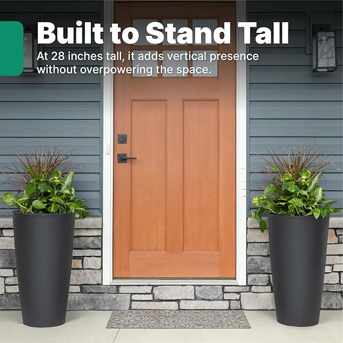 Step2 Tremont Tall Round Tapered Planter, 28" Tall, Indoor/Outdoor Plants, Efficient Drainage, Durable Resin, Onyx Black Step2