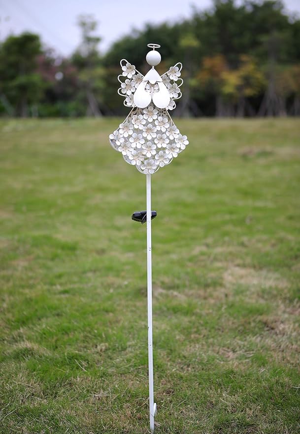 Solar White Angel Garden Stake Lights - Metal Hydrangea Memorial Gift With 27 LEDs - Perfect for Remembrance and Sympathy (7.7" W x 40.5" H) WSgift