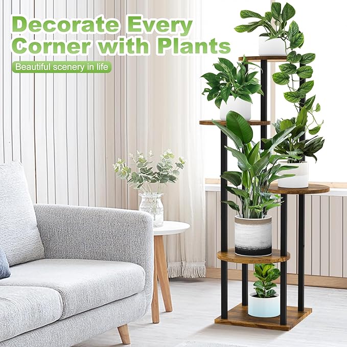 5 Tier Wood Tall Plant Stand Metal Rack Indoor, Multiple Flower Pot Holder Shelves Corner Rack, Round Planter Shelf Display Rack Storage Organizer for Patio Living Room Balcony(Black) YOCOMEY