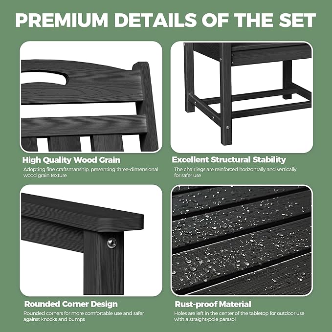 HDPE Outdoor Patio Dining Set with Table & 4 Chairs, All-Weather 5-Piece Outdoor Table and Chairs, 2" Umbrella Hole, Patio Furniture for Garden, Backyard, Deck | Matte Black Suunyn