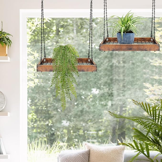 Plant Hanger Indoor Outdoor, 16" Large Hanging Planters for Indoor Plants Hanging Plant Holder Wood Metal Hanging Plant Shelf Large Hanging Baskets for Plants Outdoor Window Ceiling Lilybud--lily
