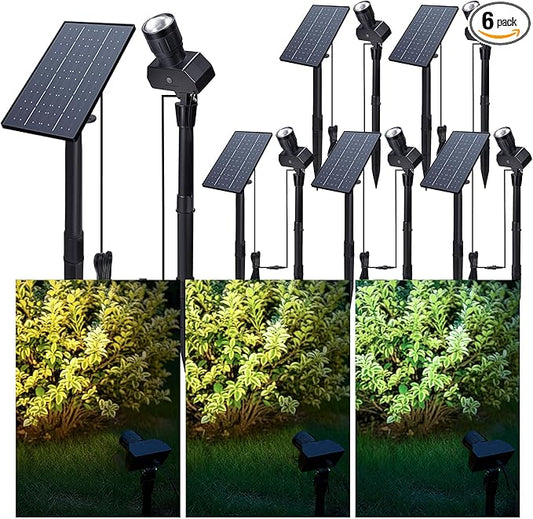 All Night Solar Spot Lights 2500mAh, Adjustable Angle Landscape Lights Waterproof, Separate Panel LED Uplight Dusk to Dawn, 5 Lighting Modes for Plant Flag Sign Bush 6 Pack Varmtalys