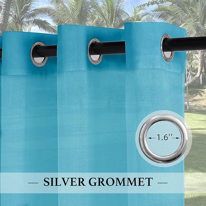 RYB HOME Waterproof Outdoor Curtains - Linen Like Translucent Breathable Sheer Curtains, Quick Dry Easy Slide Draperies for Backyard Patio Verandas, W 54" x L 84", 2 Pieces, Teal RYBHOME