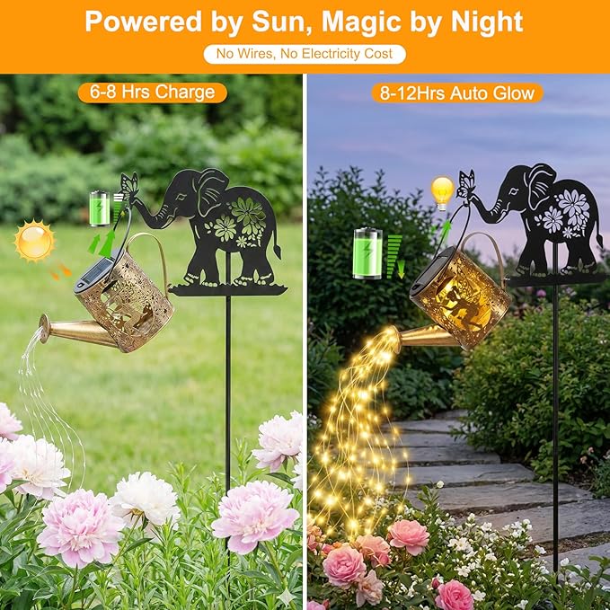 Solar Watering Can Lights Outdoor Decor with Elephant Stake & Fairy Silhouettes, Cascading String Lights for Garden, Patio, Yard - Waterproof Solar Powered Gift for Mom, Housewarming, Birthday Tremdwoto