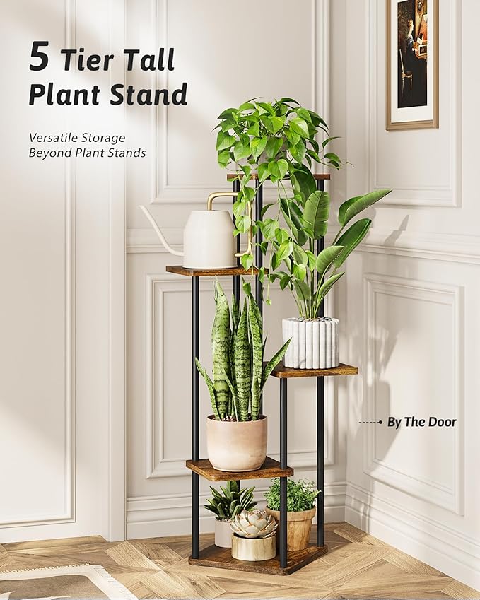 Tall Plant Stand Indoor 5 Tiered Plant Shelf for Multiple Plants Coner Shelf Stand Wood Plant Stand Metal Shelving for Living Room Bedroom Balcony Patio Brown Oak Gentingbro