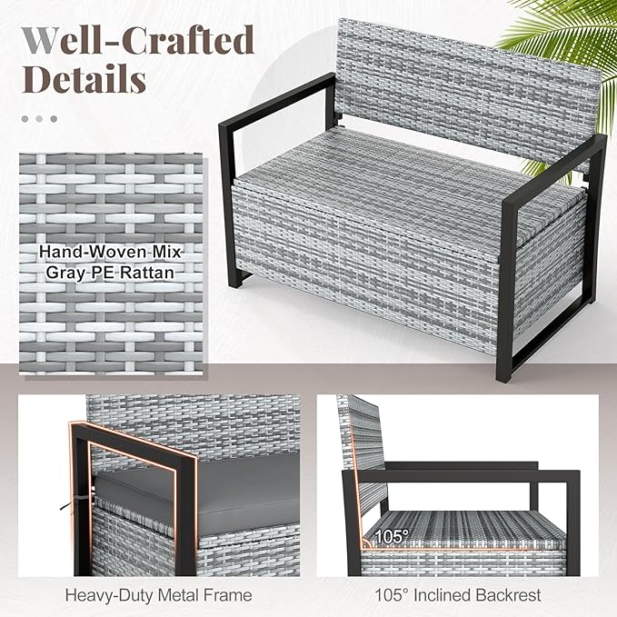 Tangkula 40 Gallon Outdoor Bench with Storage, Patio Wicker Storage Bench with Cushion, Cover, Metal Frame, Deck Box Seat for Backyard, Poolside, Balcony, Garden TANGKULA