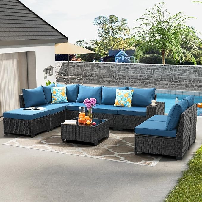 Jing's Villa 7-Piece Patio Furniture Set, All-Weather Outdoor Wicker Sectional Sofa with Cushions, Tempered Glass Table & Ottoman, Rattan Conversation Seating for Porch, Garden, Backyard,Peacock Blue JingsVillaOutdoorFurniture