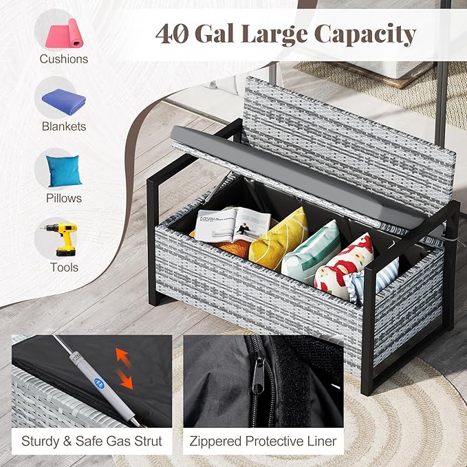 Tangkula 40 Gallon Outdoor Bench with Storage, Patio Wicker Storage Bench with Cushion, Cover, Metal Frame, Deck Box Seat for Backyard, Poolside, Balcony, Garden TANGKULA
