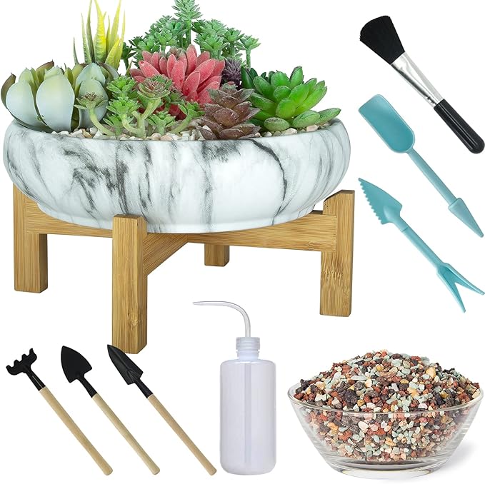 Succulent Pots, 10 Inch Large Succulent Planter Pots with Drainage - Ceramic Marble Bonsai Pot with Stand Shallow Planter for Cactus Flower Plants Plus Succulent Planting Tools Set & 2.2lb Mix Pebbles ARTKETTY
