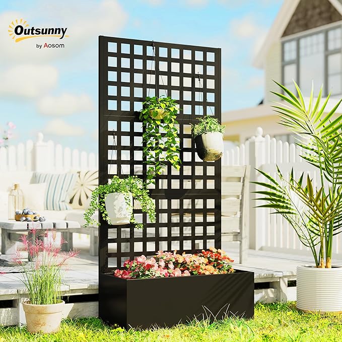 Outsunny Galvanized Raised Garden Bed with Trellis, Metal Planter Box with Drainage Holes, Outdoor Privacy Screen for Climbing Plants, Vegetable, Vines, 35" x 16" x 70", Black Outsunny
