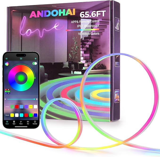 65.6FT LED Neon Rope Lights, Flexible Led Rope Lights Control with App/Remote, IP67 Outdoor RGB Color Changing Led Neon Lights Waterproof, Music Sync Led Strip Neon Lights for Bedroom Decor Rootora