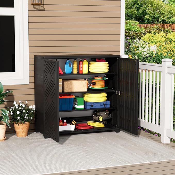 Outdoor/Indoor Storage Box,Resin and Plastic Storage Cabinet Waterproof,Outdoor Cabinet for Patio/Garden/Balcony/Backyard/All Room(with 3 Shelves)-Black Mrosaa