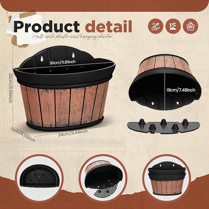 Layhit 6 Pcs Wall Hanging Planters Outdoor Pot Planter Wine Barrel Planter Distressed Oak Thickened Plastic Water Storage Flower Pots for Flower Indoor Outdoor(12 Inches,Brown) ShungLan