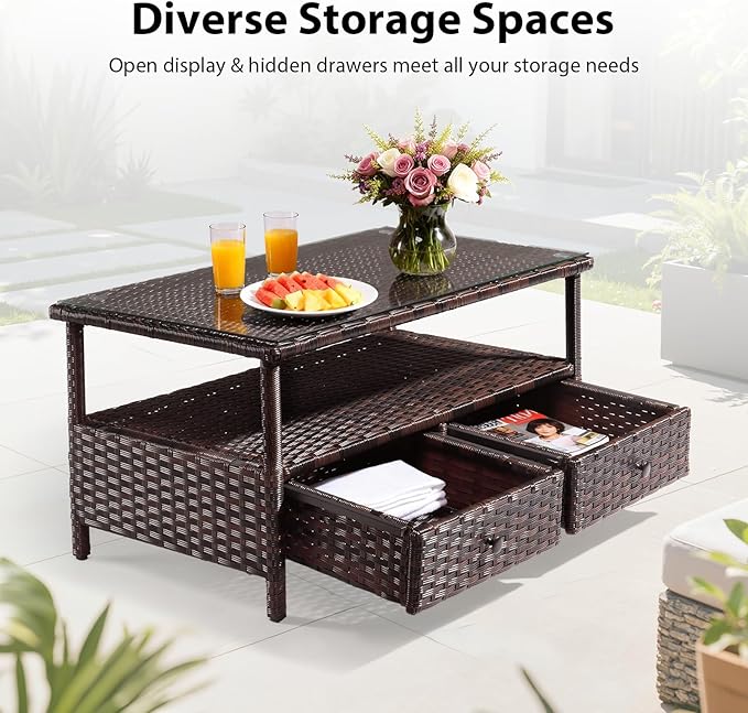 VINGLI Outdoor Wicker Coffee Table with 2 Drawers & Tempered Glass Top, Patio Coffee Table Outdoor Table for Balcony, Porch, Deck VINGLI