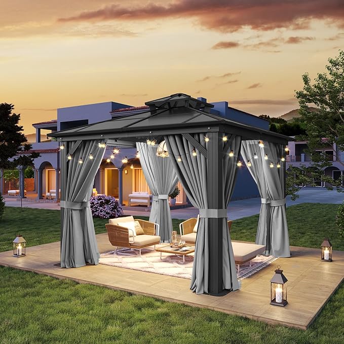 Aoxun 10'x10' Hardtop Gazebo, Outdoor Polycarbonate Double Top Canopy, Aluminum Frame Gazebo with Netting and Curtains, Sunshade for Patios, Gardens, Lawns, Gray Aoxun