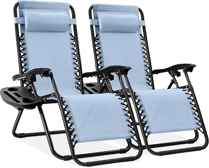 Best Choice Products Set of 2 Adjustable Steel Mesh Zero Gravity Lounge Chair Recliners w/Pillows and Cup Holder Trays - Dusty Blue/Black BestChoiceProducts