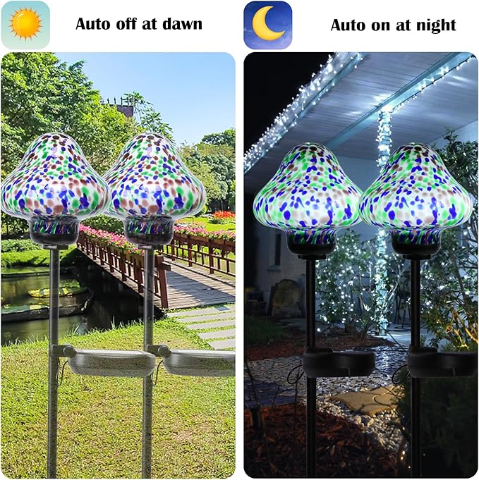 Solar Outdoor Lights Decorative Solar Glass Mushroom Lights Waterproof LED Waterproof Garden Stake Light for Walkway Pathway Lawn Patio Yard Decorations 2 Pack Multi Afirst