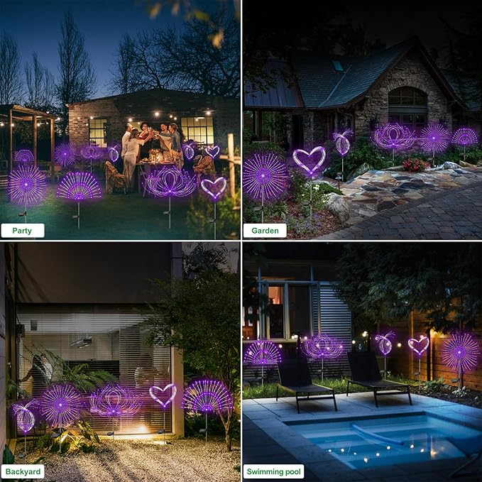 Solar Garden Lights Outdoor Waterproof, 2 Pack 120 LED Solar Firework Lights Decorative Garden Décor Outside for Flowerbed Pathway Party Christmas Decoration, Purple Slyuexu
