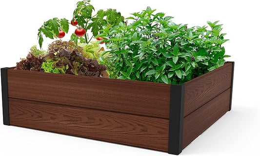 Keter 48" X 48" inches Wood Look Raised Garden Bed, Durable Outdoor Herb Garden Planter for Vegetables, Flowers, and Succulents, Brown Keter