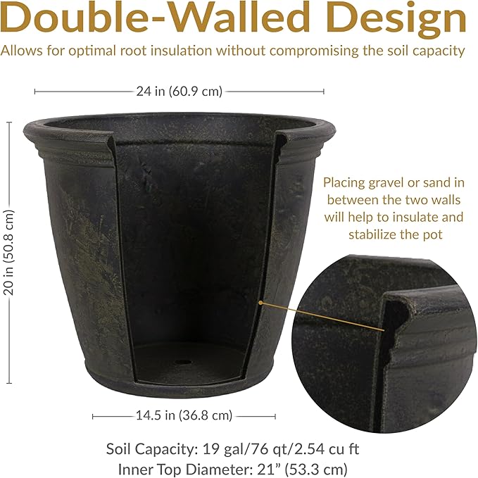 Sunnydaze 24-Inch Anjelica Large Plastic Pot for Plants - Outdoor Double-Walled Large Plastic Planter with Drillable Drainage Holes - Sable - 2pk SunnydazeDecor