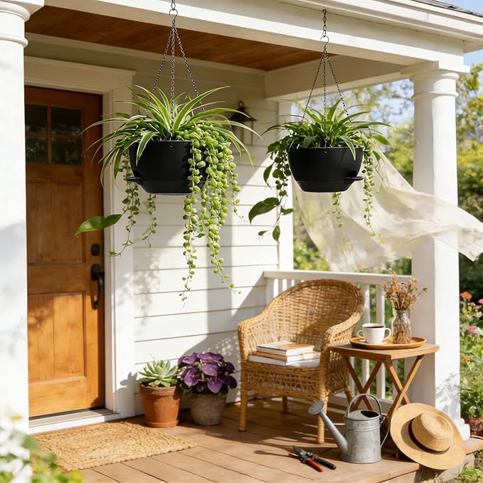 13 Inch 2 Pack Large Self Watering Hanging Planters for Indoor Outdoor Plants, Hanging Plant Pots with Removable 50 Oz Reservoir, Plastic Hanging Basket for Window Porch Garden Balcony, Black UOUZ