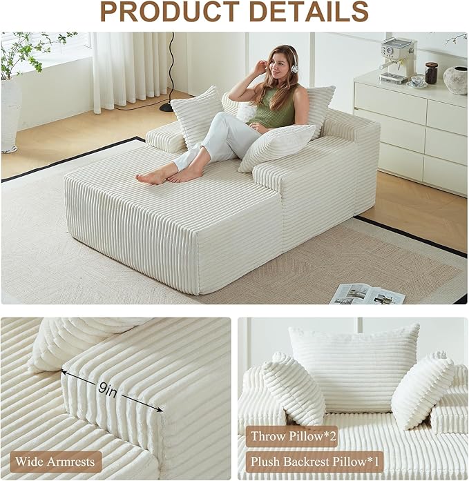 67 Inch Chaise Lounge Chair Indoor, Oversized Upholstered Boneless Sofa Bed, Corduroy Deep Seat Sleeper Couch Reading Chairs, Comfy Cloud Sofas Couches for Living Room, No Assembly Required (Beige) Rootora