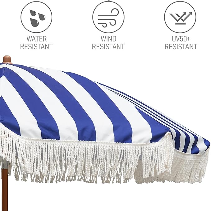 AMMSUN 7ft Patio Umbrella with Fringe Outdoor Tassel Umbrella UPF50+ Wood Color Steel Pole and Steel Ribs Push Button Tilt, Navy Stripe AMMSUN