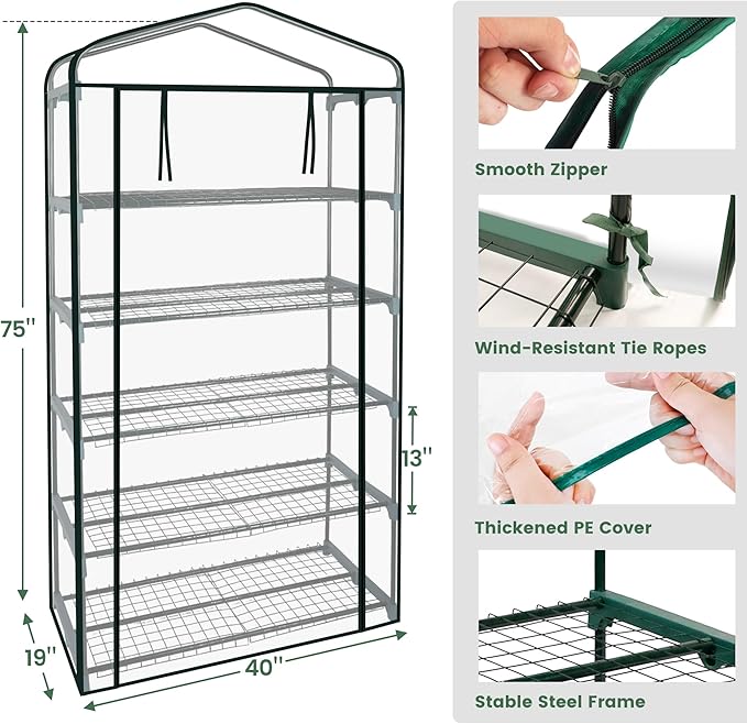 Worth Garden 50% Extra Wide Mini Greenhouse 5 Tier Portable Plant Green House 40in Wide -Sturdy Gardening Shelves with PVC Cover - Indoor & Outdoor Wheatgrass Growing - 19″x40″x75″ WORTH