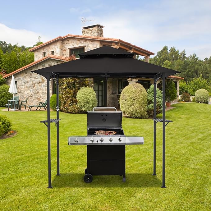 AECOJOY 8' x 5' Outdoor Grill Gazebo, BBQ Canopy for Outdoor Grill, 2- Tier BBQ Grill Gazebo Shelter for Patio, Backyard and More (Black) AECOJOY