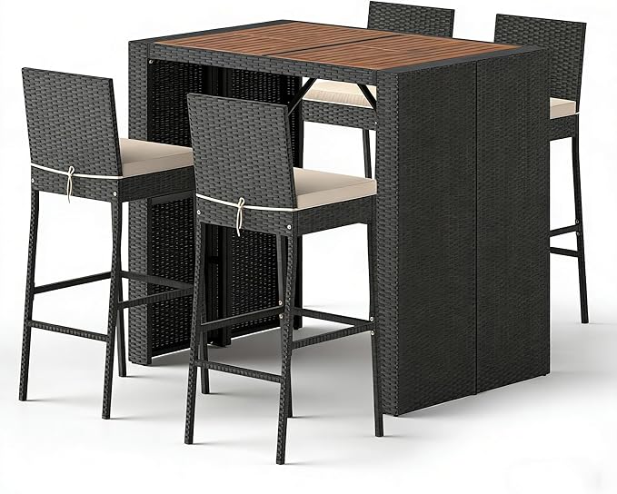 COSTWAY 5 Piece Patio Bar Set, Outdoor Rattan Wicker Bar Table and 30'' High Top Chairs Set with Acacia Wood Tabletop and Cushions for Poolside, Backyard COSTWAY