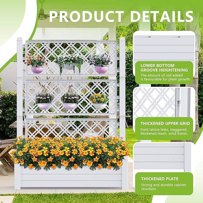 Raised Garden Bed with Trellis for Climbing Plants, 43.43" L x 18.27" W x 59.29" H Planter Box with Self Watering Drainage Holes for Outdoor Backyard Patio Balcony, Anti-Rust Resin (Ashen) OutdoorLivingPerfected