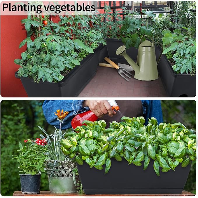 Window Box Planter, 10 Pack Plastic Vegetable Flower Planters Boxes 17 Inches Rectangular Flower Pots with Saucers for Indoor Outdoor Garden, Patio, Home Decor (Black) CHUKEMAOYI