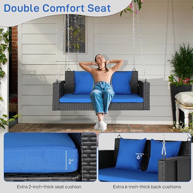 Outvita Porch Swing 2 Person Hanging Bench, Wicker Outdoor Swing Bench with Cushion and Pillow for Patio, Yard, Garden Hold Up to 800 lbs (Blue) Outvita