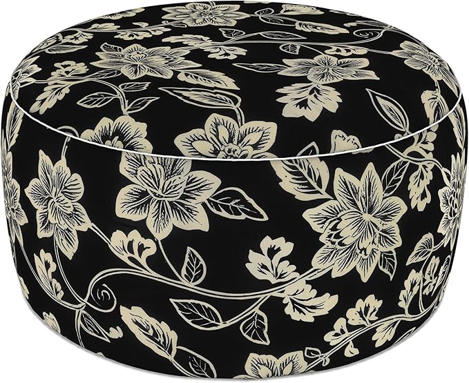 LVTXIII Indoor/Outdoor Extra Large Inflatable Ottoman Pouf D31 x H14 Inch, Round Footstool with Handle, Weather-Resistant Portable Furniture for Patio, Camping, Beach, Elegant Vines Black LVTXIII