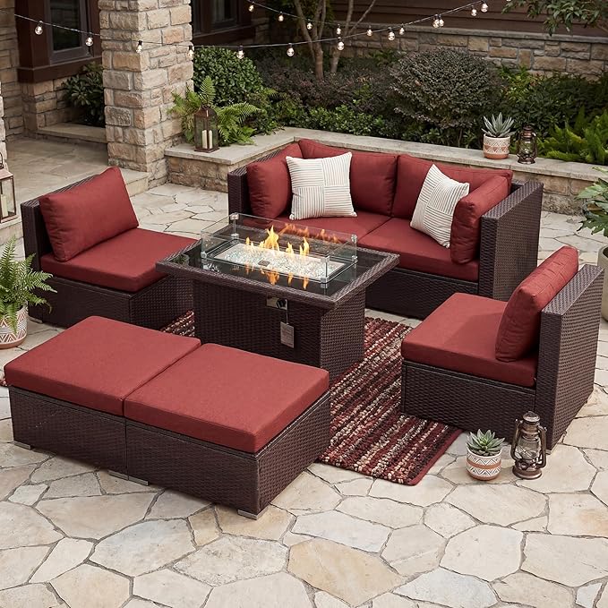 NICESOUL 7 Piece Outdoor Sofa Sectional with Firepit Natural Gas & Propane, Extra Large Patio Furniture Set for Heavy People, Deep Modular Wicker Conversation Sitting, Brown Rattan and Red Cushion NICESOUL