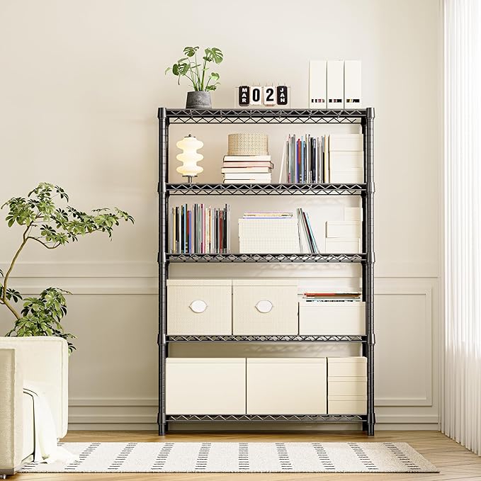 IZEUK 5-Tier Heavy Duty Metal Storage Shelving Unit (Black, 17.7" D x 47.2" W x 72.3" H, 1750 lbs Capacity), Adjustable Steel Wire Rack Shelf Organizer for Garage, Kitchen, Basement, Laundry, Office IZEUK