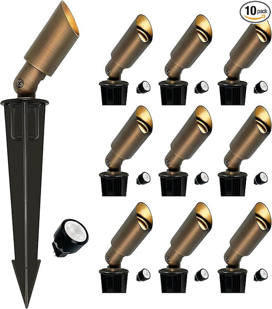 GKOLED Mini Size Brass Landscape Spotlight, Low Voltage 12V AC/DC Outdoor Directional Up Light, 180 LM, 3W MR8 LED Bulb ABS Ground Stake, 2700K Garden Patio Trees Spot Uplight (Pack of 10) GKOLED