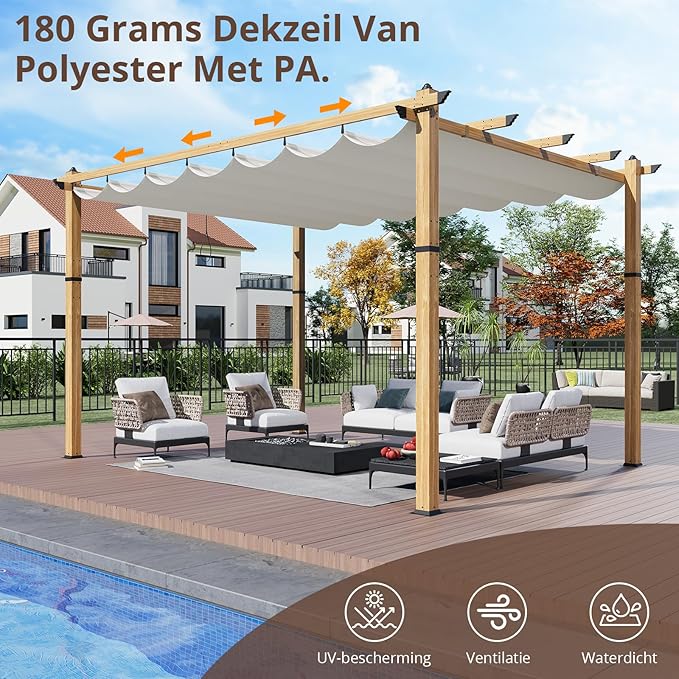 10 x 13 ft Aluminum Pergola with Adjustable Canopy, Outdoor Metal Pergola, Imitation Wood-Grain Sun Shade Shelter for Garden Patio Backyard Deck BouPower