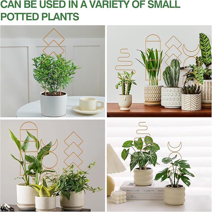 Indoor Plant Trellis for Potted Plants, 16inch Gold Small Trellis for Climbing Plants Outdoor Garden Metal Trellis with Different Patterns for Vine Ivy Flower Plant Support 4 Pack WellSign
