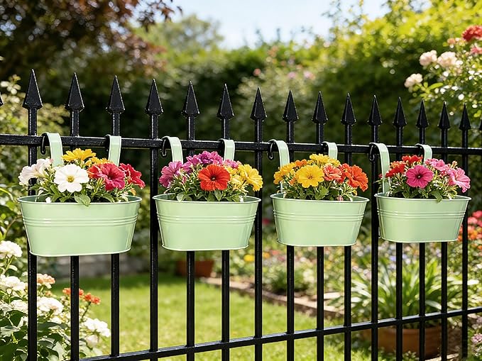 Balcony Hanging Planters Flower Pots, 10" Metal Flower Pots for Outdoor Balcony Rails, Fence Pot Hanging Plant Holders with Detachable Hooks for Garden Patio Yard Decor (Mint Green, 6Pcs) JOYFERNAL